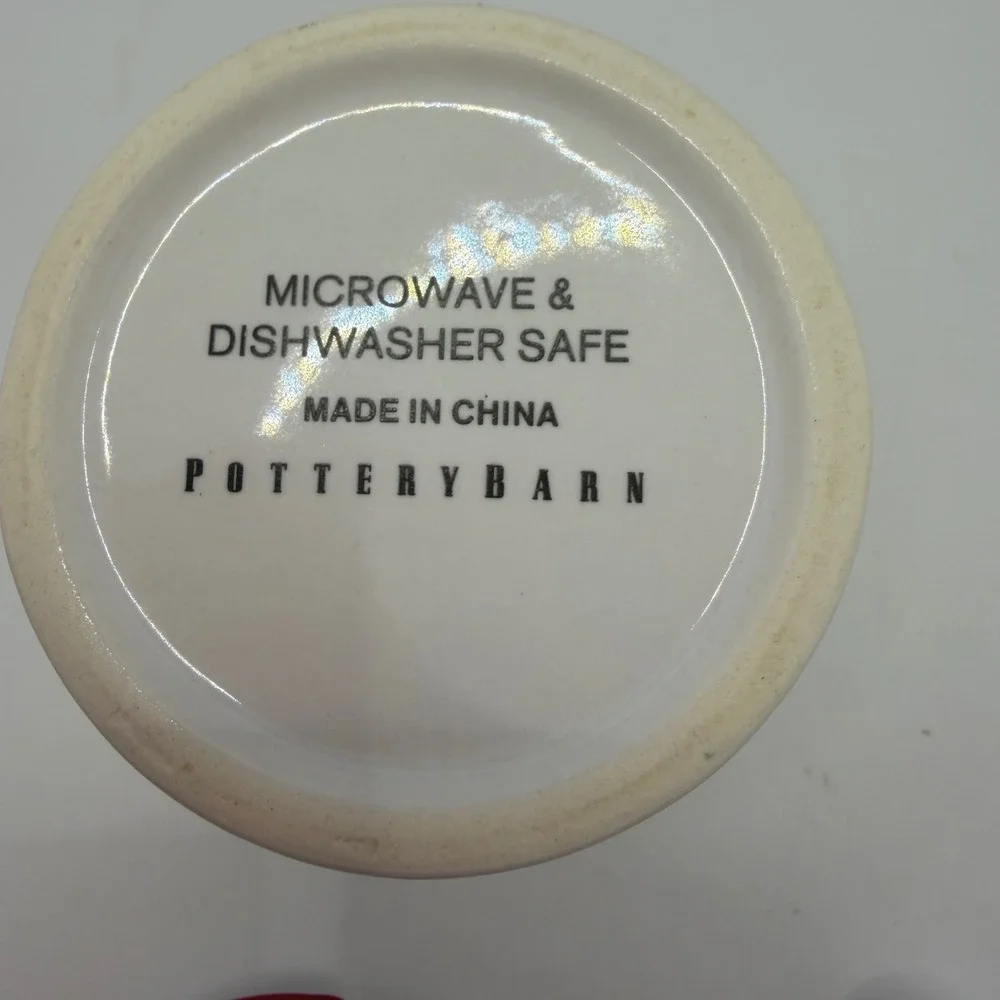 Pottery Barn White Ceramic Condiment Jar with Red Rim Spoon and Chalkboard Label